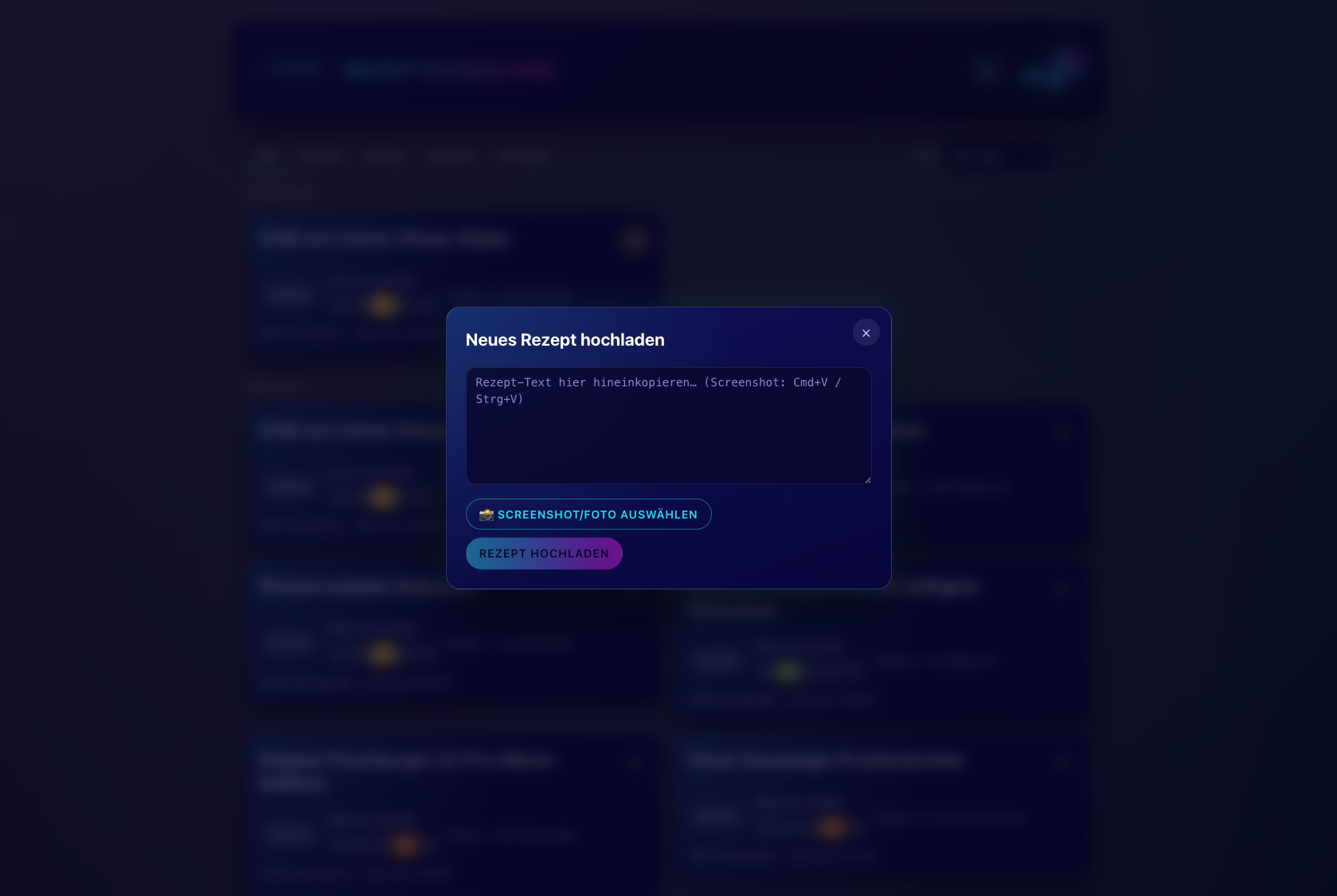Modal "Neues Rezept hochladen" in der Pace-App